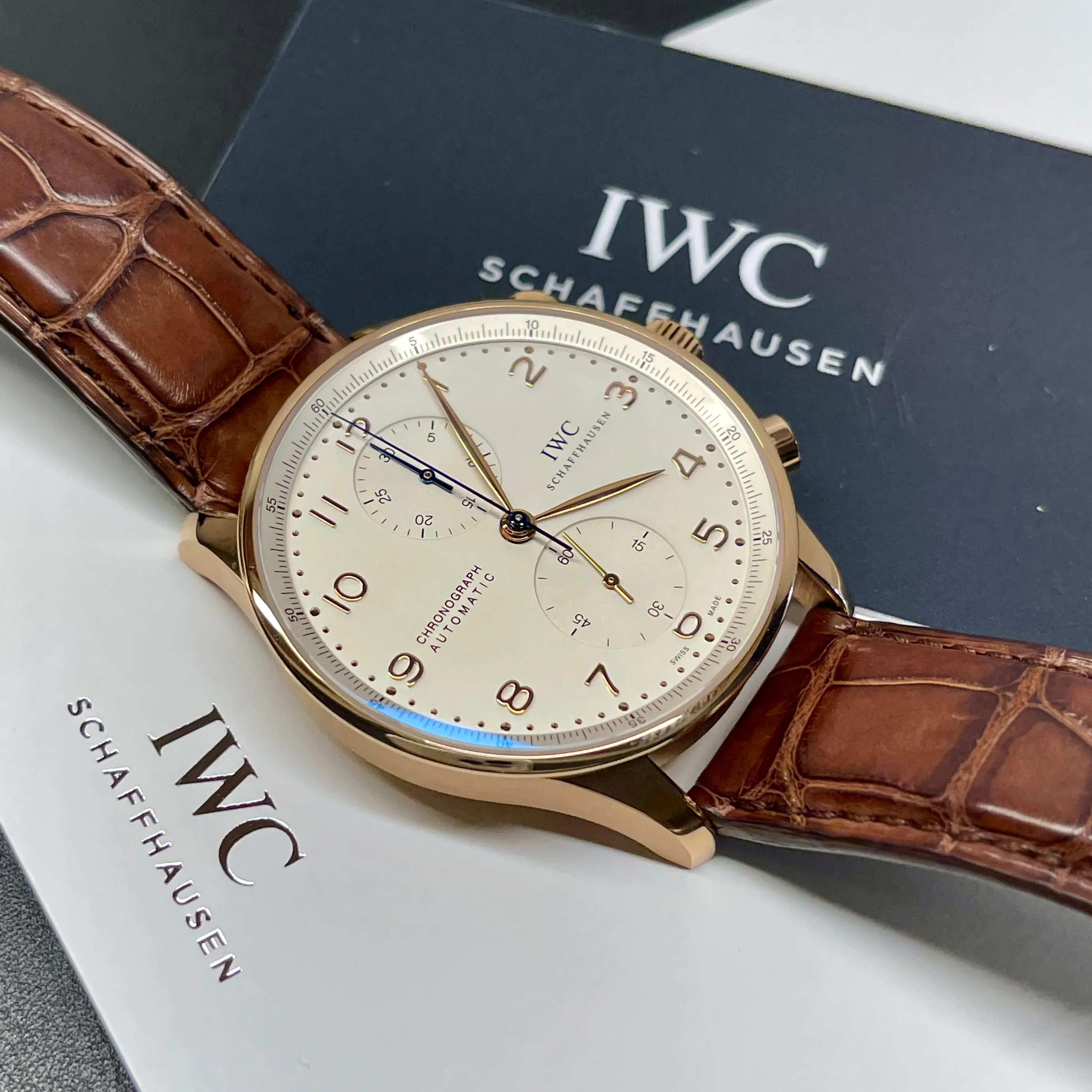 2020 IWC Portugieser IW371480 18K Rose Gold Automatic Chronograph Wristwatch Box Papers