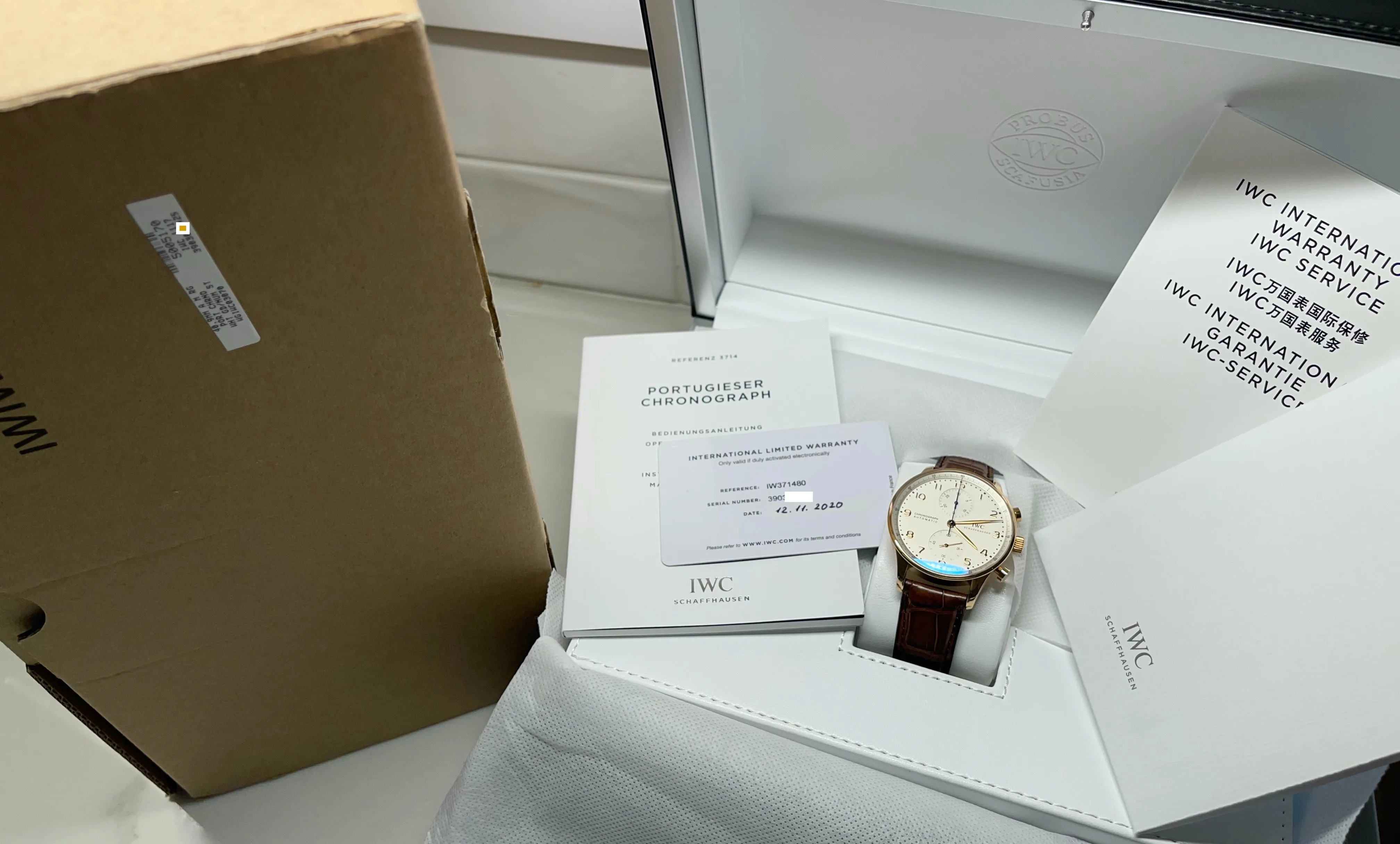 2020 IWC Portugieser IW371480 18K Rose Gold Automatic Chronograph Wristwatch Box Papers
