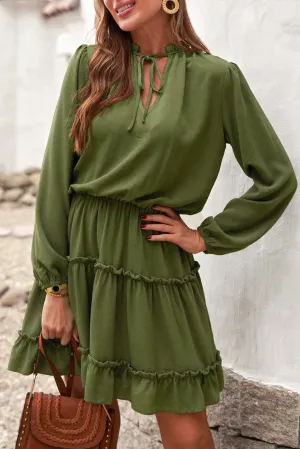 Army Green V Neck Long Sleeve Ruffle Tiered Mini Dress