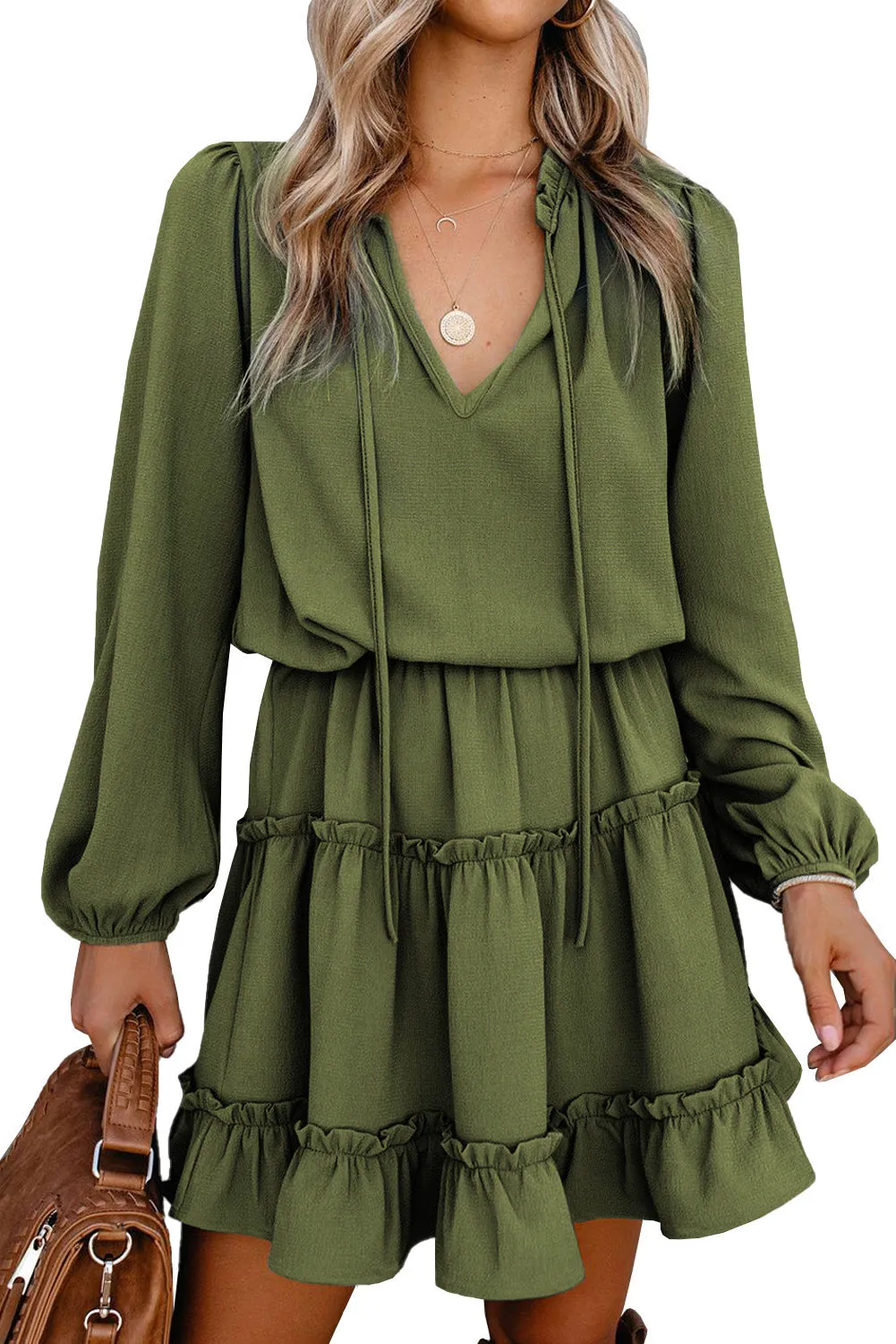 Army Green V Neck Long Sleeve Ruffle Tiered Mini Dress