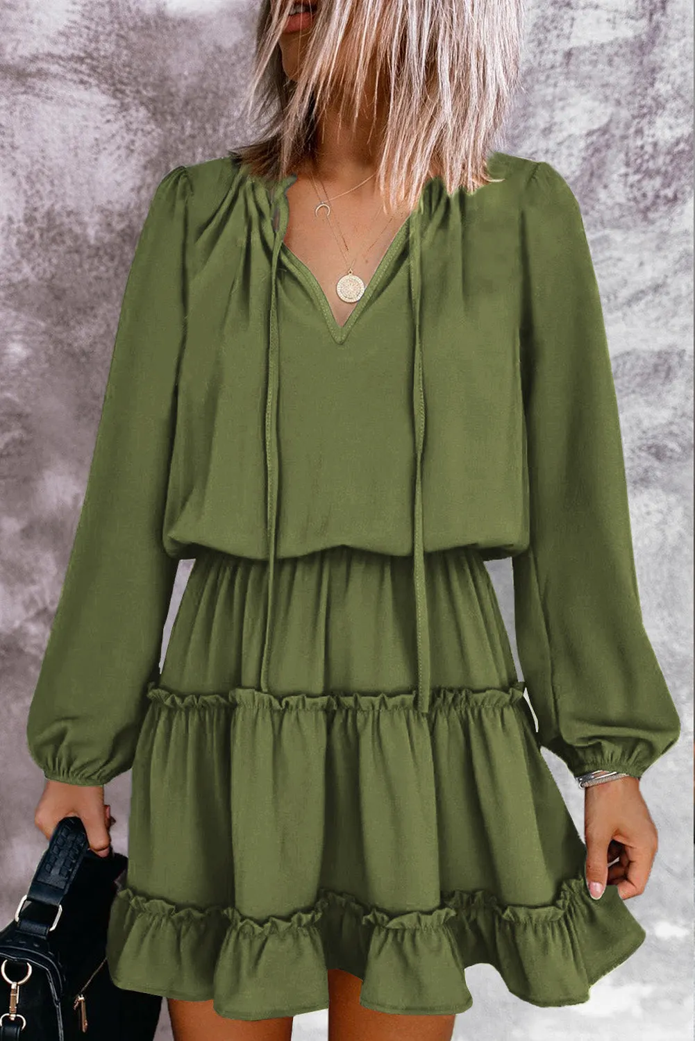 Army Green V Neck Long Sleeve Ruffle Tiered Mini Dress