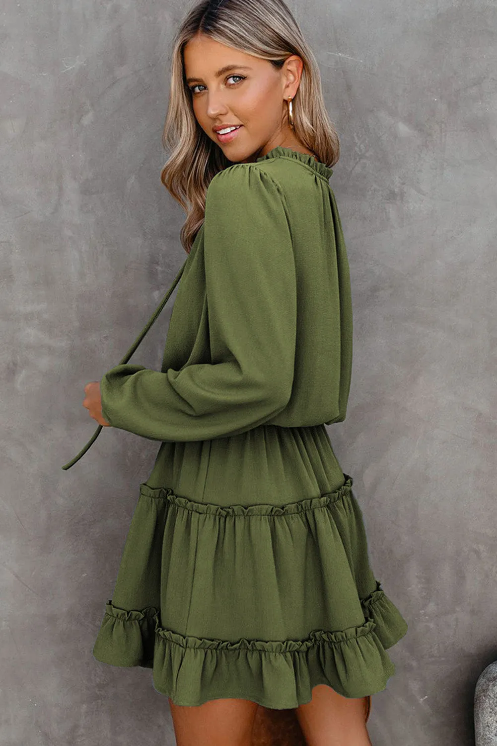Army Green V Neck Long Sleeve Ruffle Tiered Mini Dress