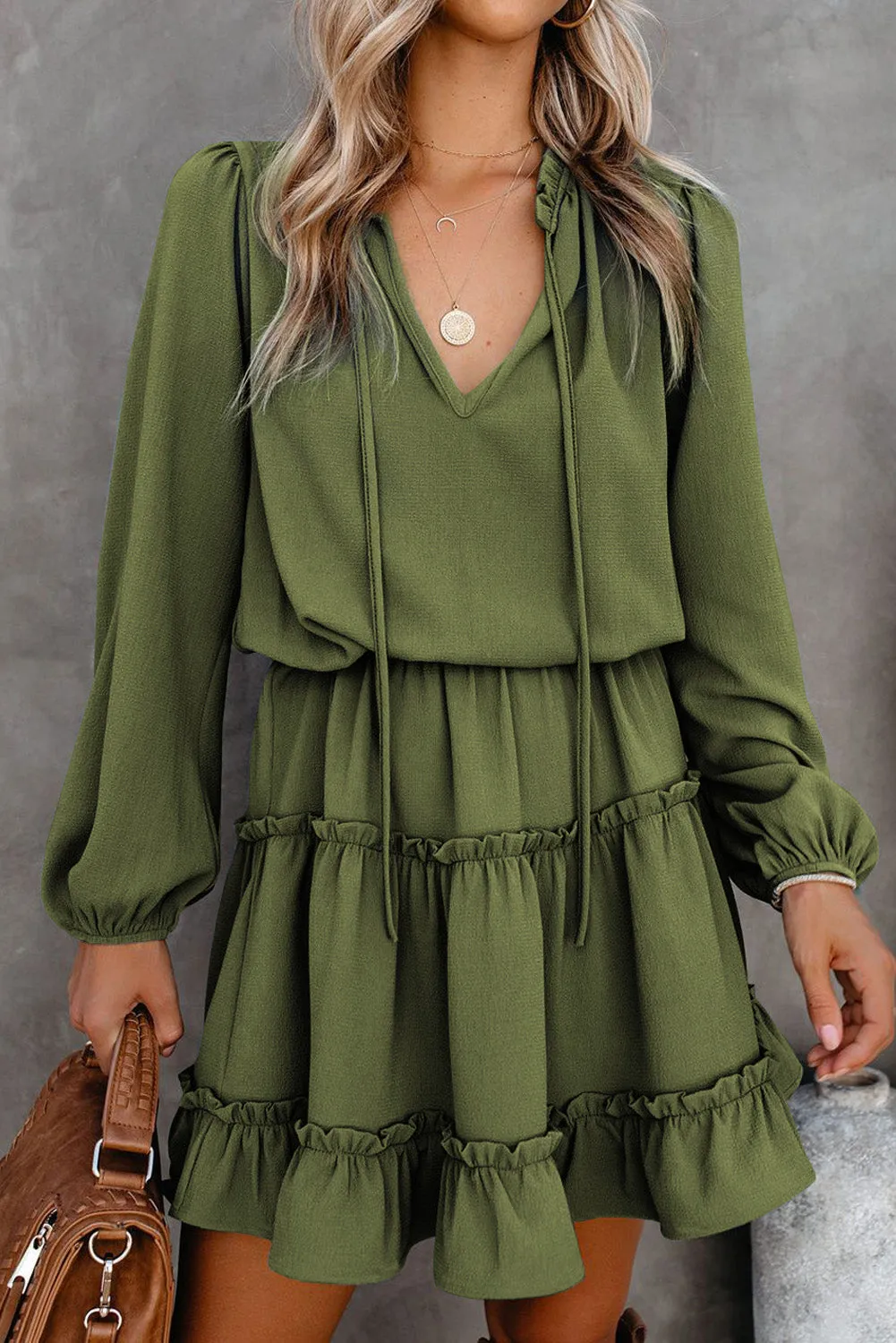 Army Green V Neck Long Sleeve Ruffle Tiered Mini Dress