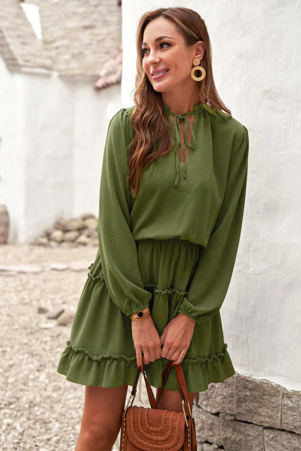Army Green V Neck Long Sleeve Ruffle Tiered Mini Dress