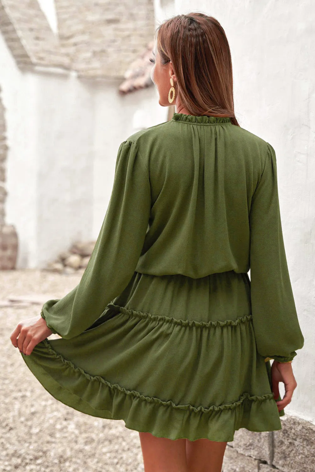 Army Green V Neck Long Sleeve Ruffle Tiered Mini Dress