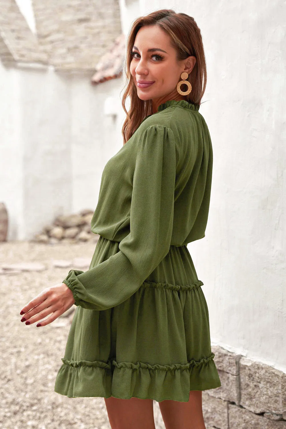 Army Green V Neck Long Sleeve Ruffle Tiered Mini Dress