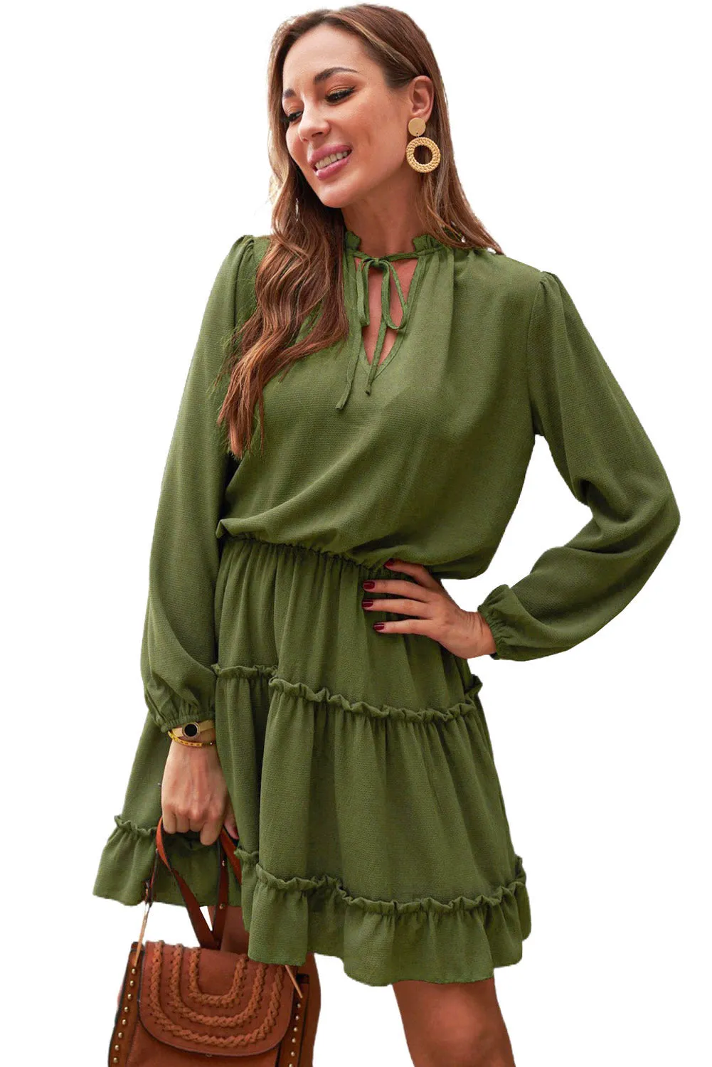 Army Green V Neck Long Sleeve Ruffle Tiered Mini Dress