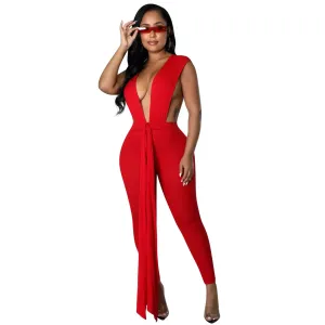 Azura Sleeveless Plunge Open Back Bodycon Jumpsuit