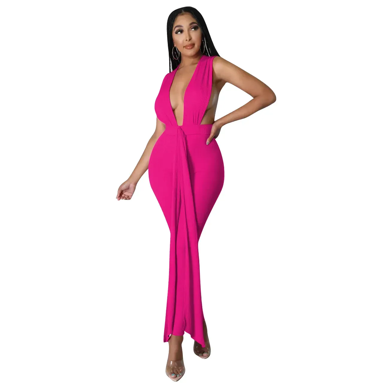 Azura Sleeveless Plunge Open Back Bodycon Jumpsuit