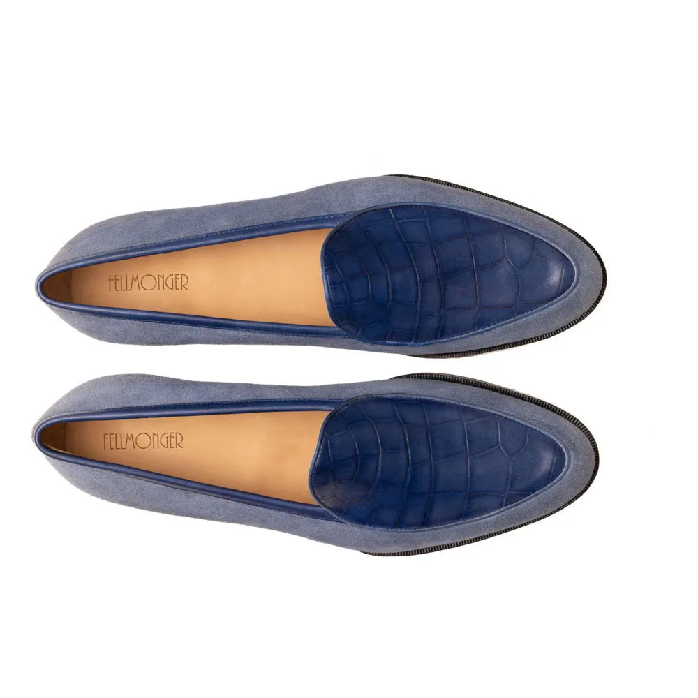 Blue Suede Loafer With Croco Blue Vamp