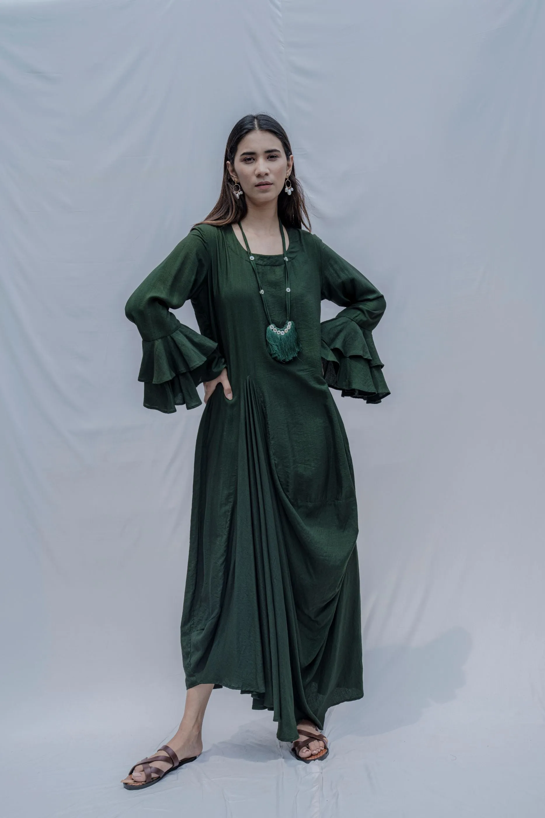 Bottle Green Asymmetric Cowl & Necklace Dress