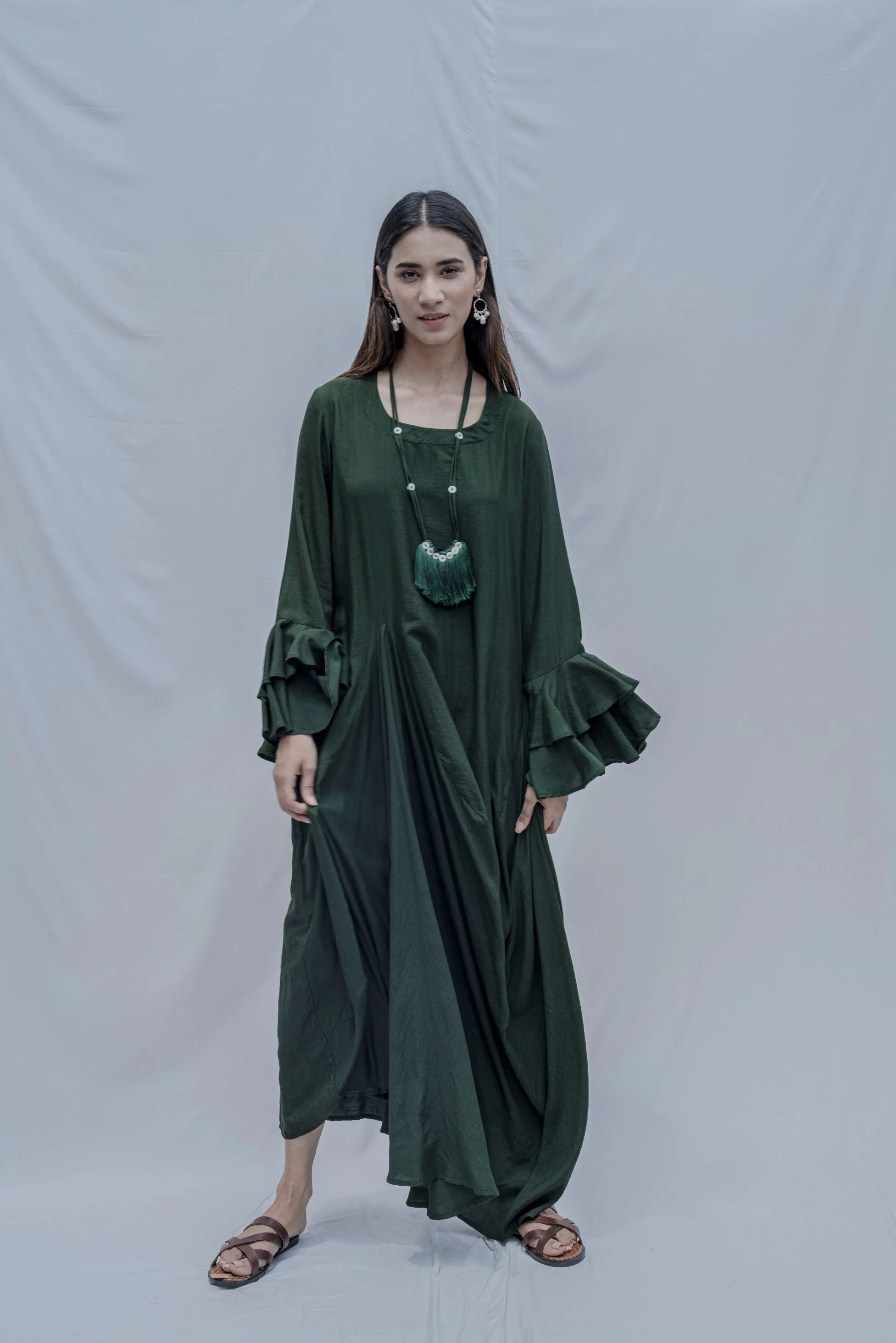Bottle Green Asymmetric Cowl & Necklace Dress