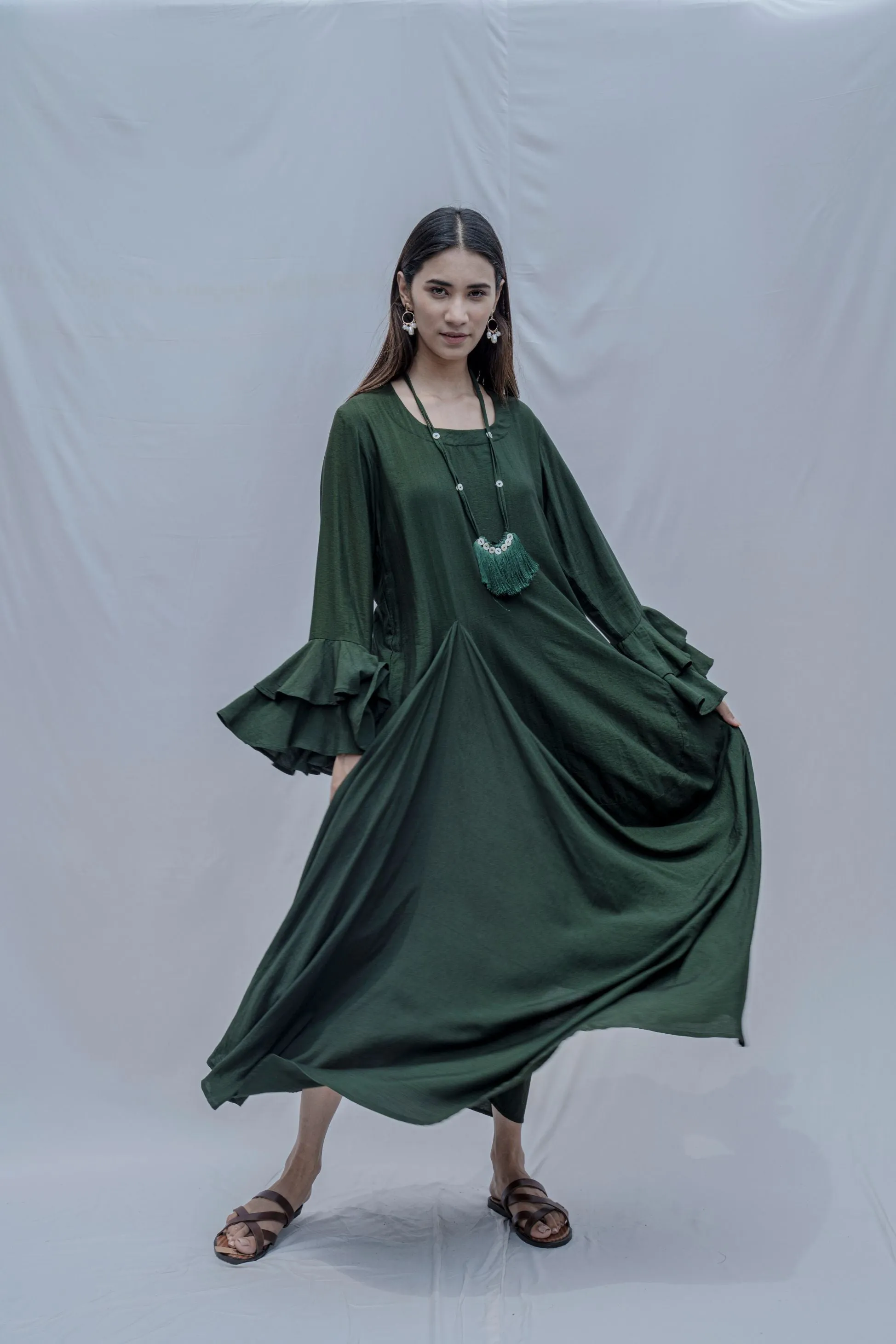 Bottle Green Asymmetric Cowl & Necklace Dress