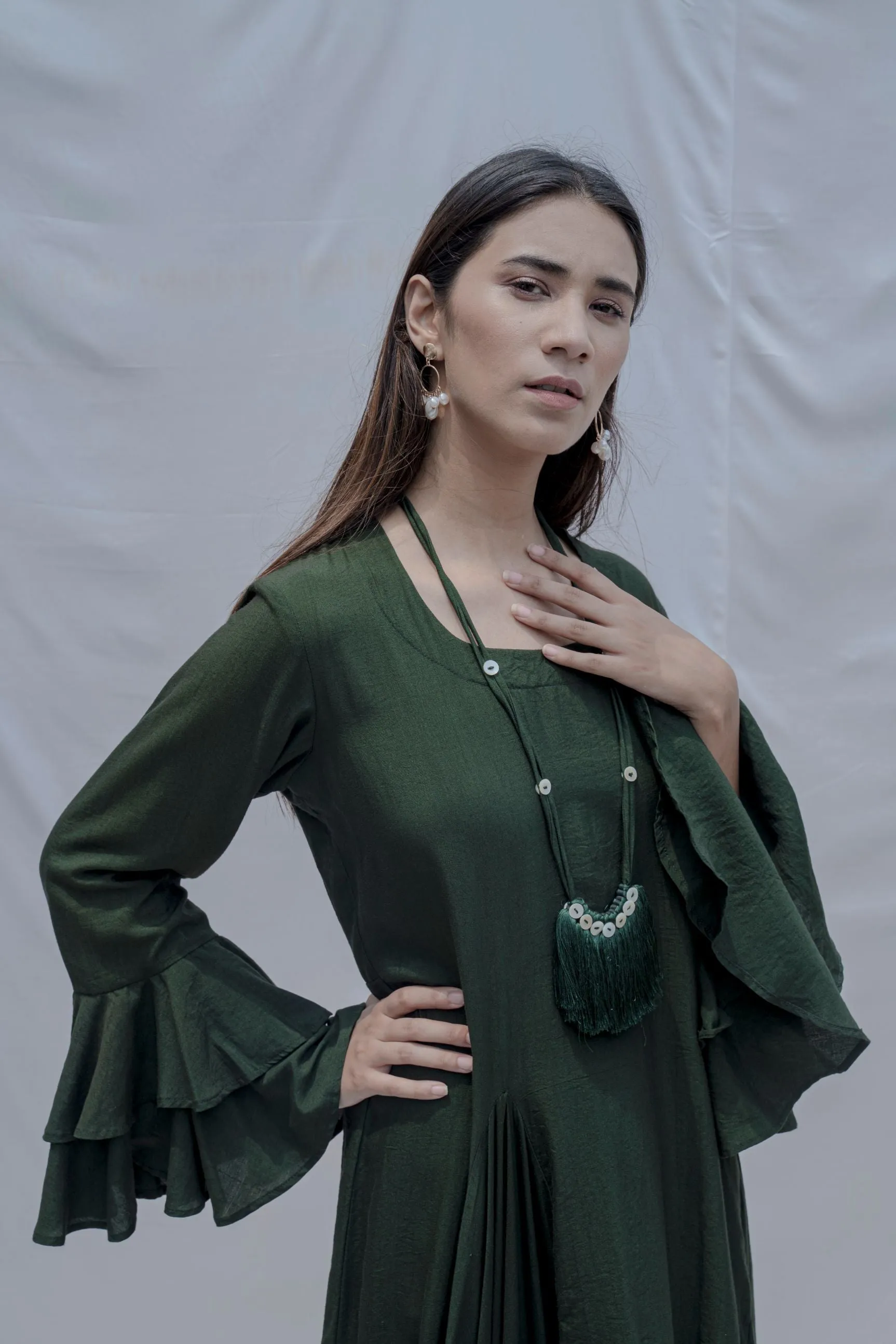 Bottle Green Asymmetric Cowl & Necklace Dress