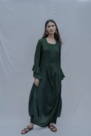 Bottle Green Asymmetric Cowl & Necklace Dress