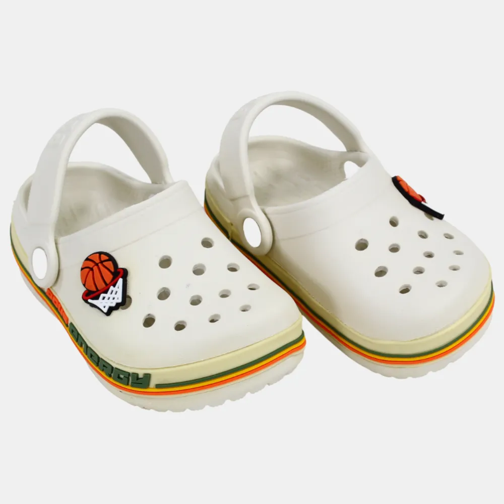 Boys Rubber Clogs – Off-white with Basketball Design