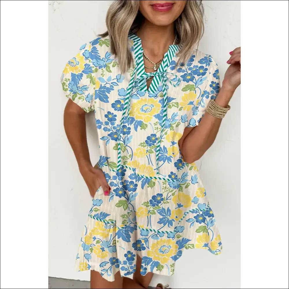 Chic Blue Floral Puff Sleeve Mini Dress
