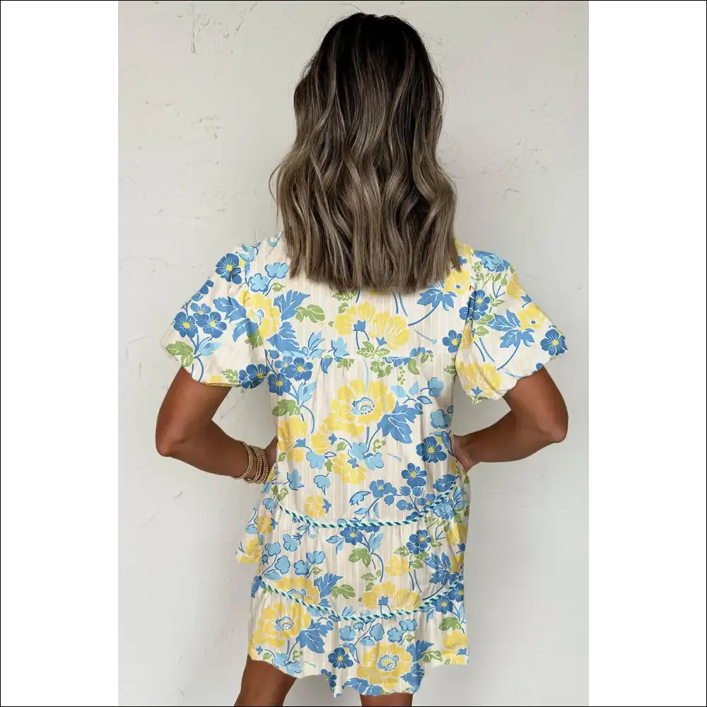 Chic Blue Floral Puff Sleeve Mini Dress
