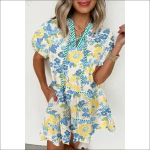 Chic Blue Floral Puff Sleeve Mini Dress