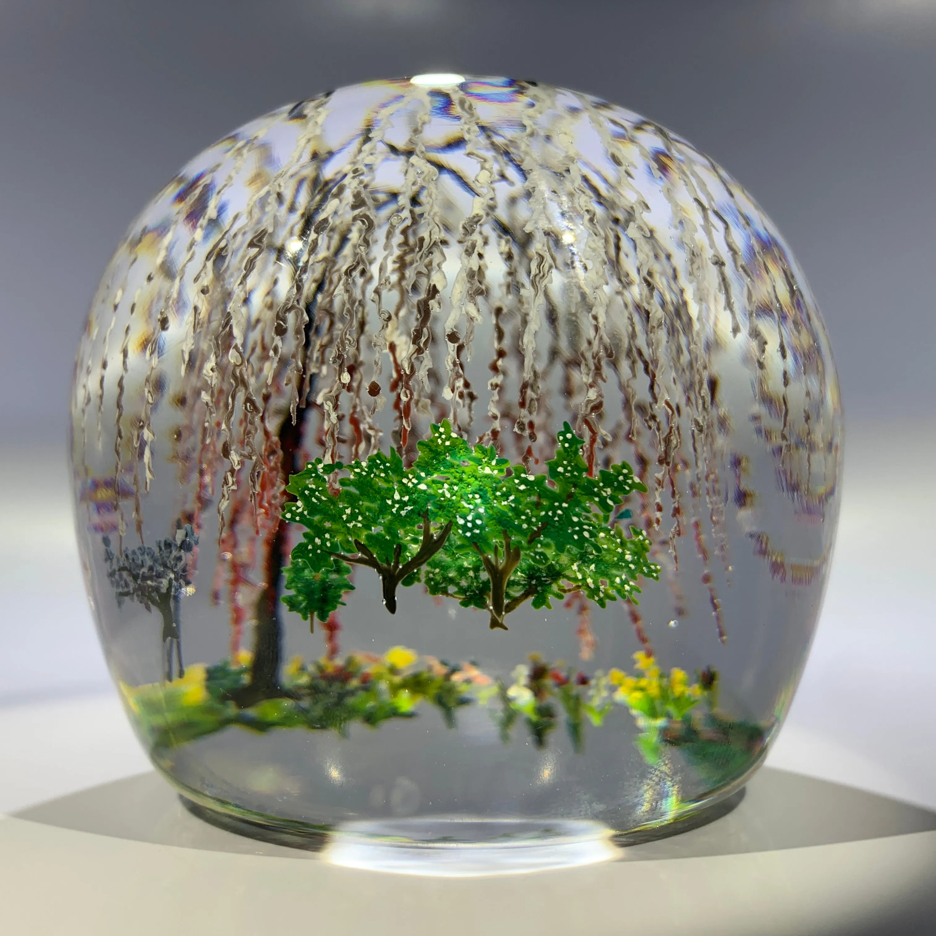 Contemporary Alison Ruzsa Art Glass Paperweight Encapsulated Hand Painted Weeping Willow