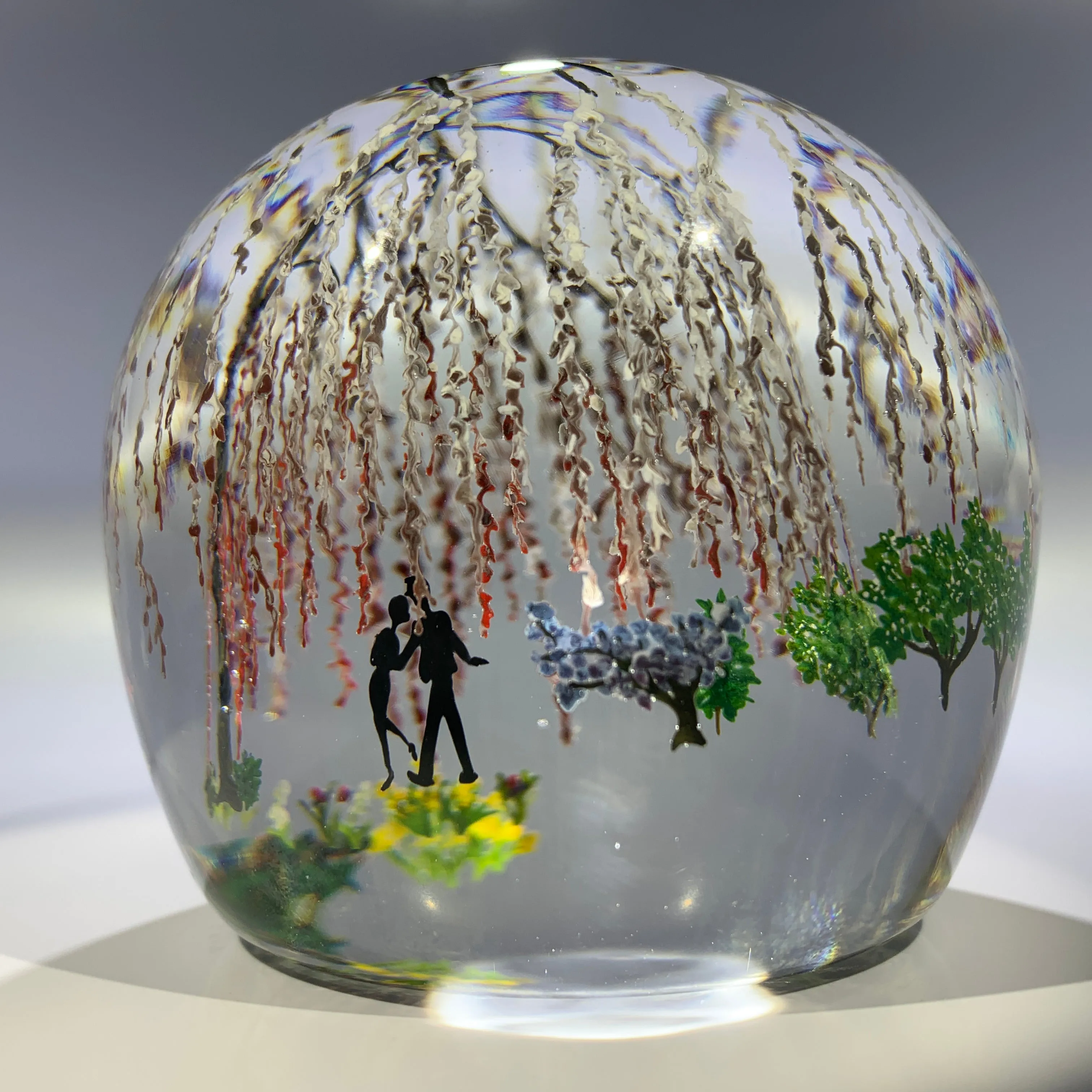 Contemporary Alison Ruzsa Art Glass Paperweight Encapsulated Hand Painted Weeping Willow