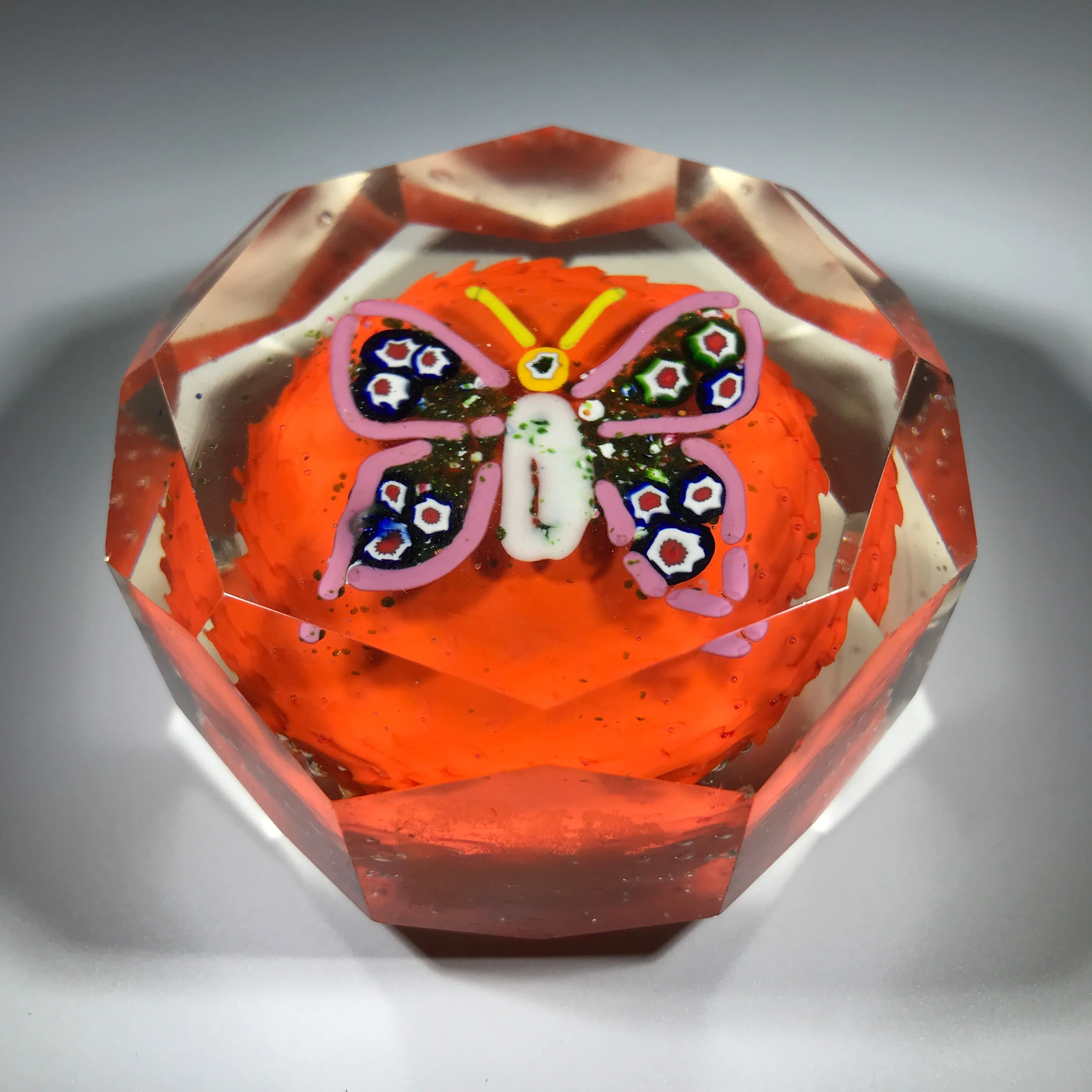 Faceted Czechoslovakian Art Glass Paperweight Butterfly with Millefiori & Aventurine Wings on Opaque Orange Ground