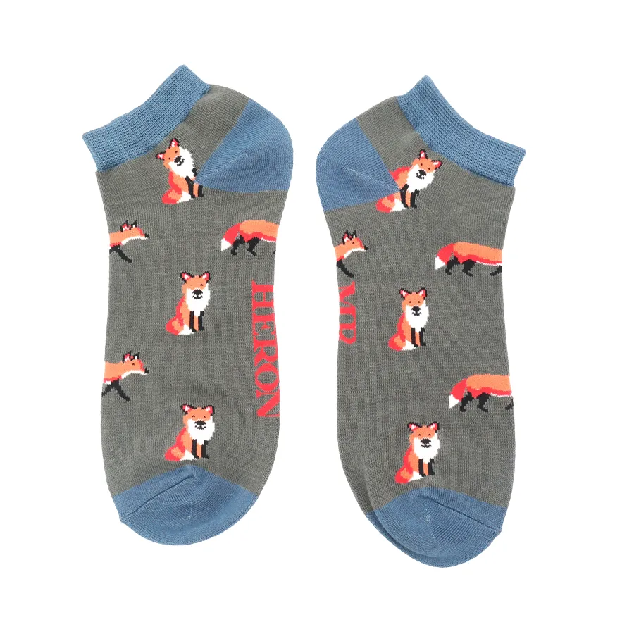 Foxes Bamboo Trainer Socks in Charcoal by Mr Heron, Size UK 7-11