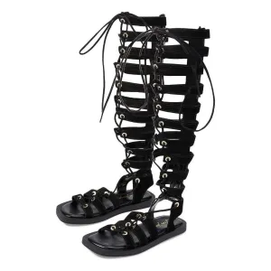 Free People Sandals Sun Chaser Black Leather Gladiator Flats