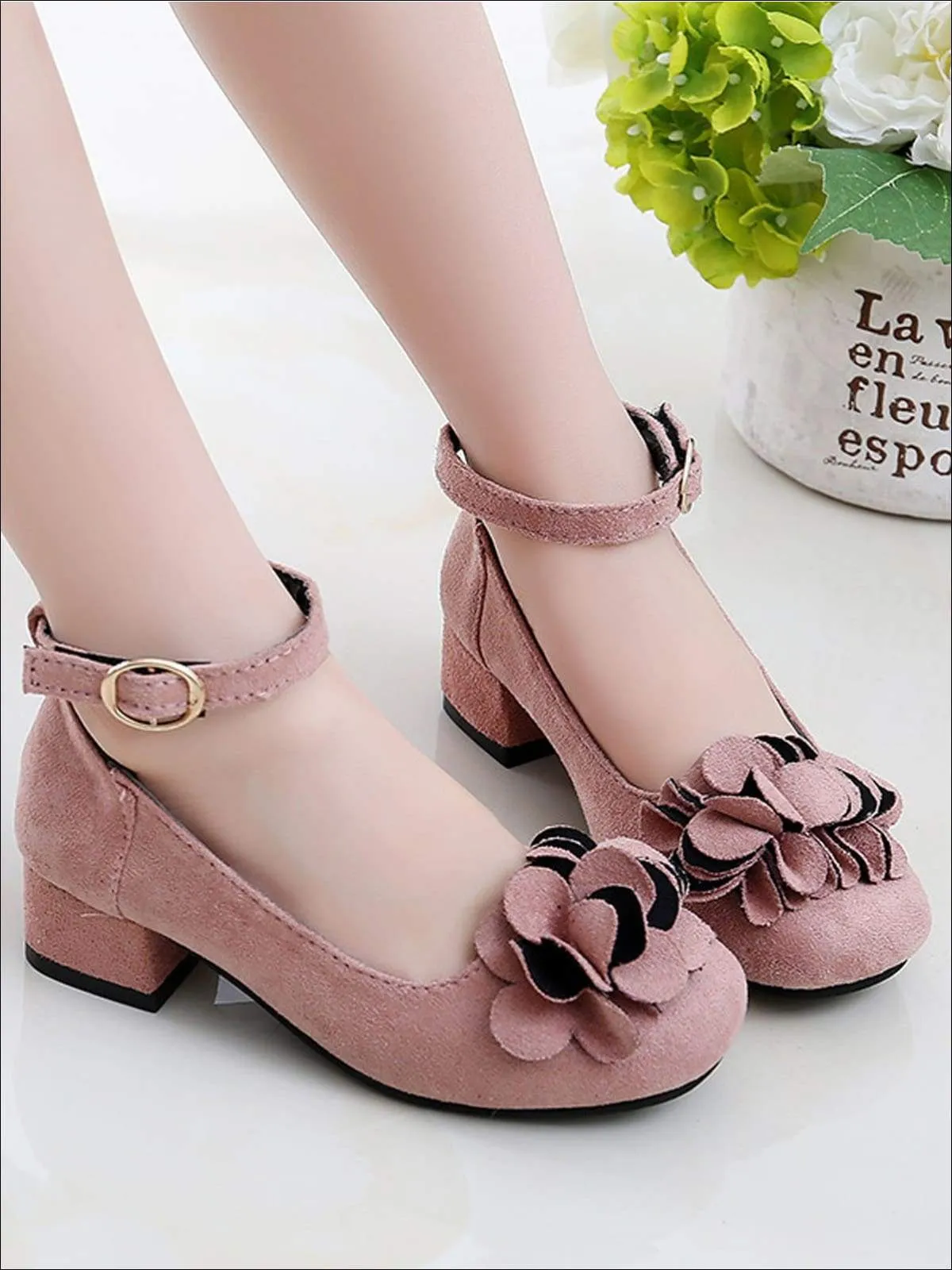 Girls Suede Flower Embellished Flats By Liv and Mia
