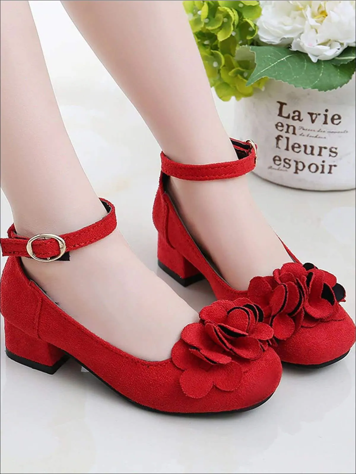 Girls Suede Flower Embellished Flats By Liv and Mia