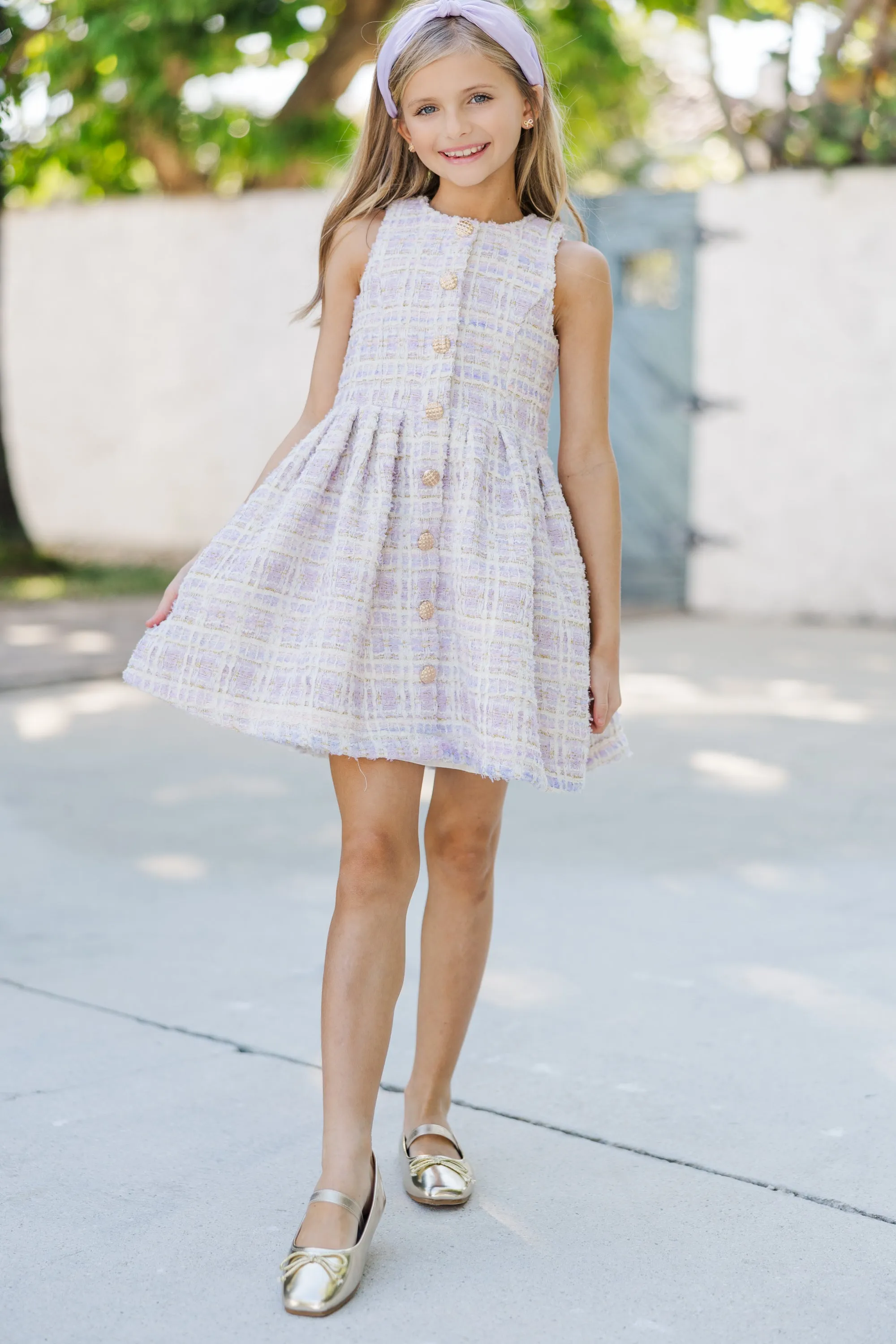 Girls: The Sady Lavender Plaid Boucle Dress