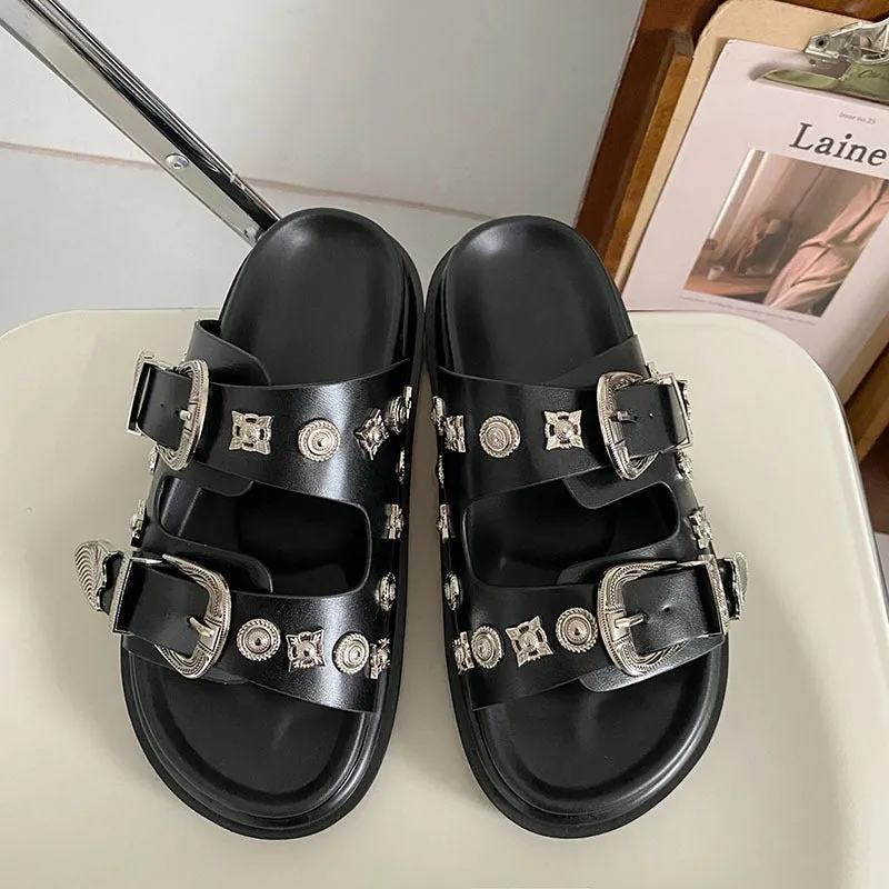 goosudu  Women Slip-On Punk Mules Slippers Thick Sole Metal Rivet Decoration Cool Street Clogs Round Toe Casual Rome Beach Sandals Slides