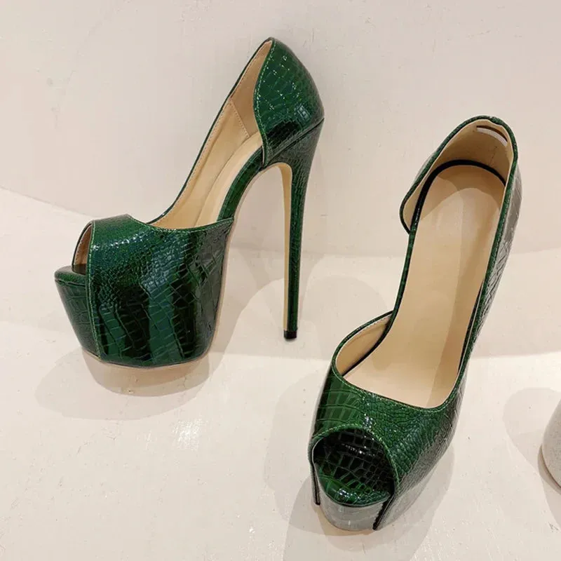 Green Snake Print Leather Platform Pumps Women Sexy Slingback Peep Toe Extreme High Heels Strip Pole Dance Shoes