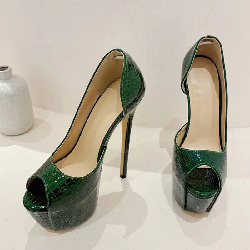 Green Snake Print Leather Platform Pumps Women Sexy Slingback Peep Toe Extreme High Heels Strip Pole Dance Shoes