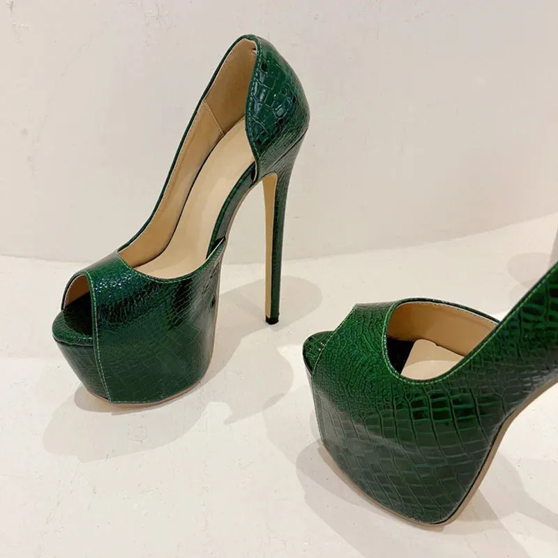 Green Snake Print Leather Platform Pumps Women Sexy Slingback Peep Toe Extreme High Heels Strip Pole Dance Shoes