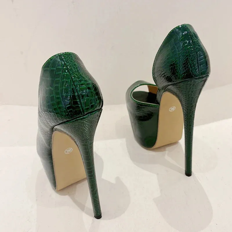 Green Snake Print Leather Platform Pumps Women Sexy Slingback Peep Toe Extreme High Heels Strip Pole Dance Shoes