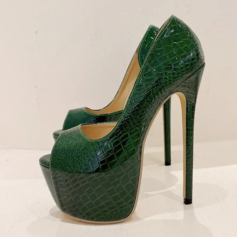 Green Snake Print Leather Platform Pumps Women Sexy Slingback Peep Toe Extreme High Heels Strip Pole Dance Shoes