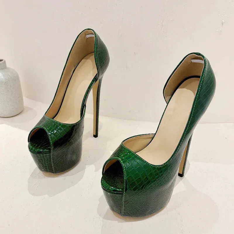 Green Snake Print Leather Platform Pumps Women Sexy Slingback Peep Toe Extreme High Heels Strip Pole Dance Shoes