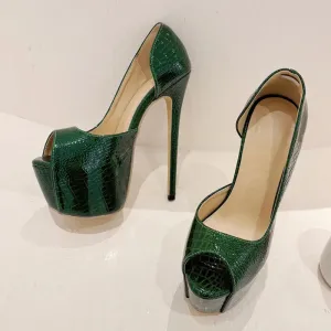 Green Snake Print Leather Platform Pumps Women Sexy Slingback Peep Toe Extreme High Heels Strip Pole Dance Shoes