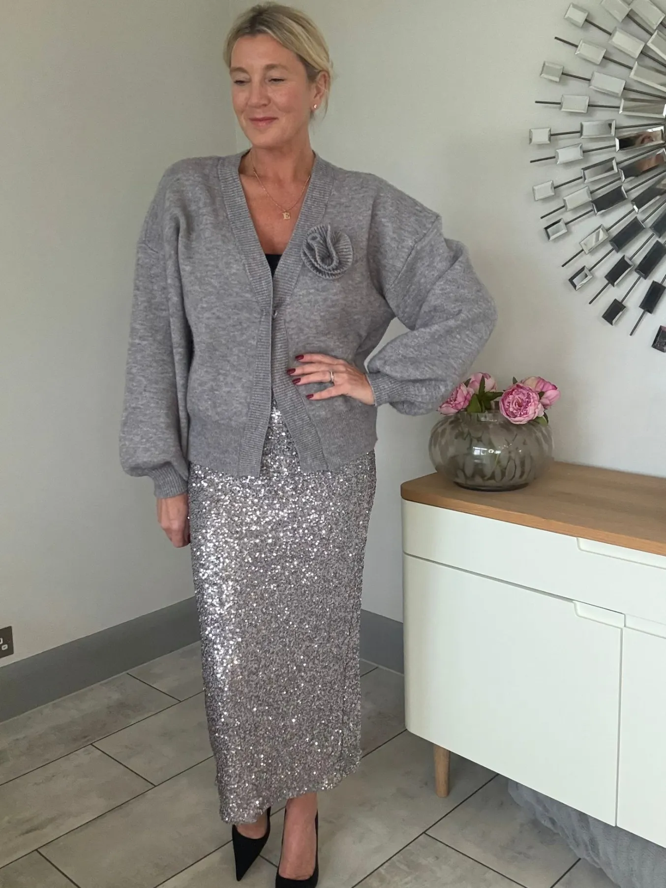 Gunmetal Luxe Sequin Pencil Skirt