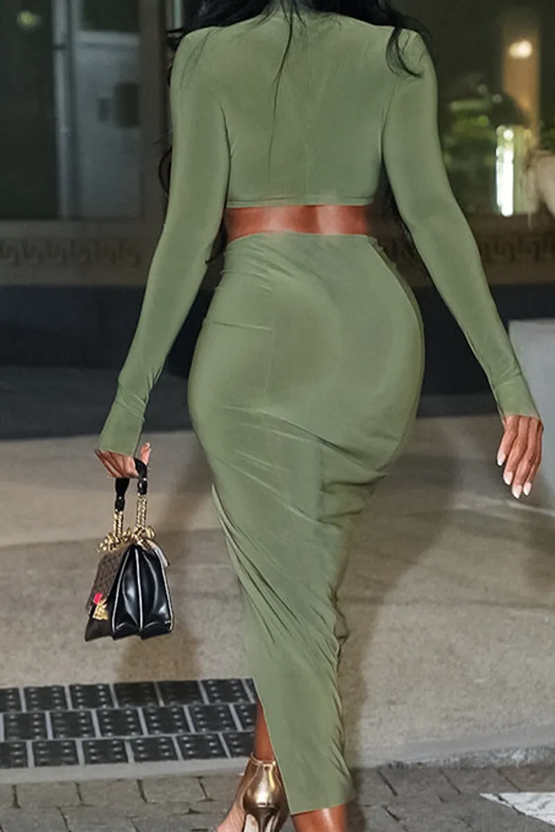 HUS1365 Chic Olive Two-Piece Slit Maxi Set