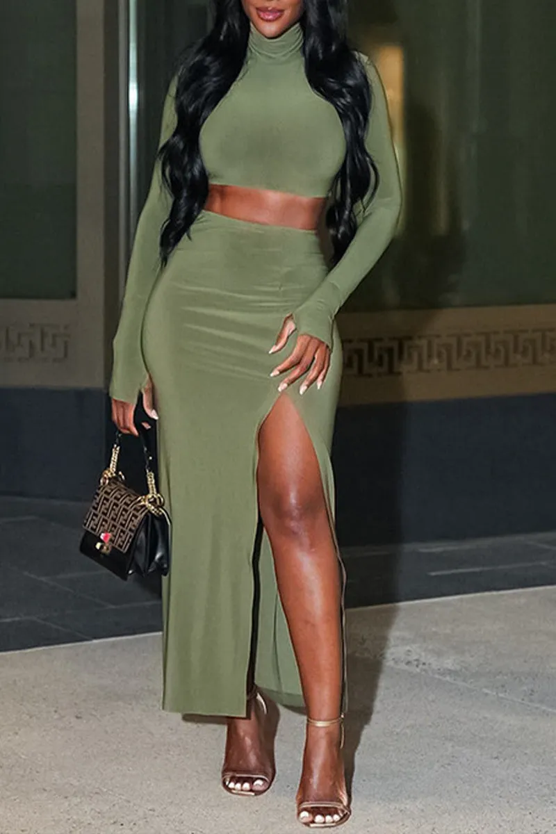 HUS1365 Chic Olive Two-Piece Slit Maxi Set