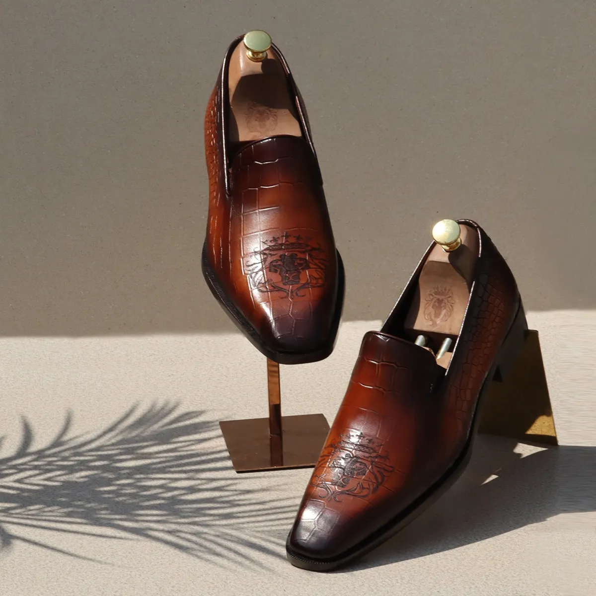 Laser Engraved Burnished Tan Loafer in Deep Cut Croco Textured  Leather