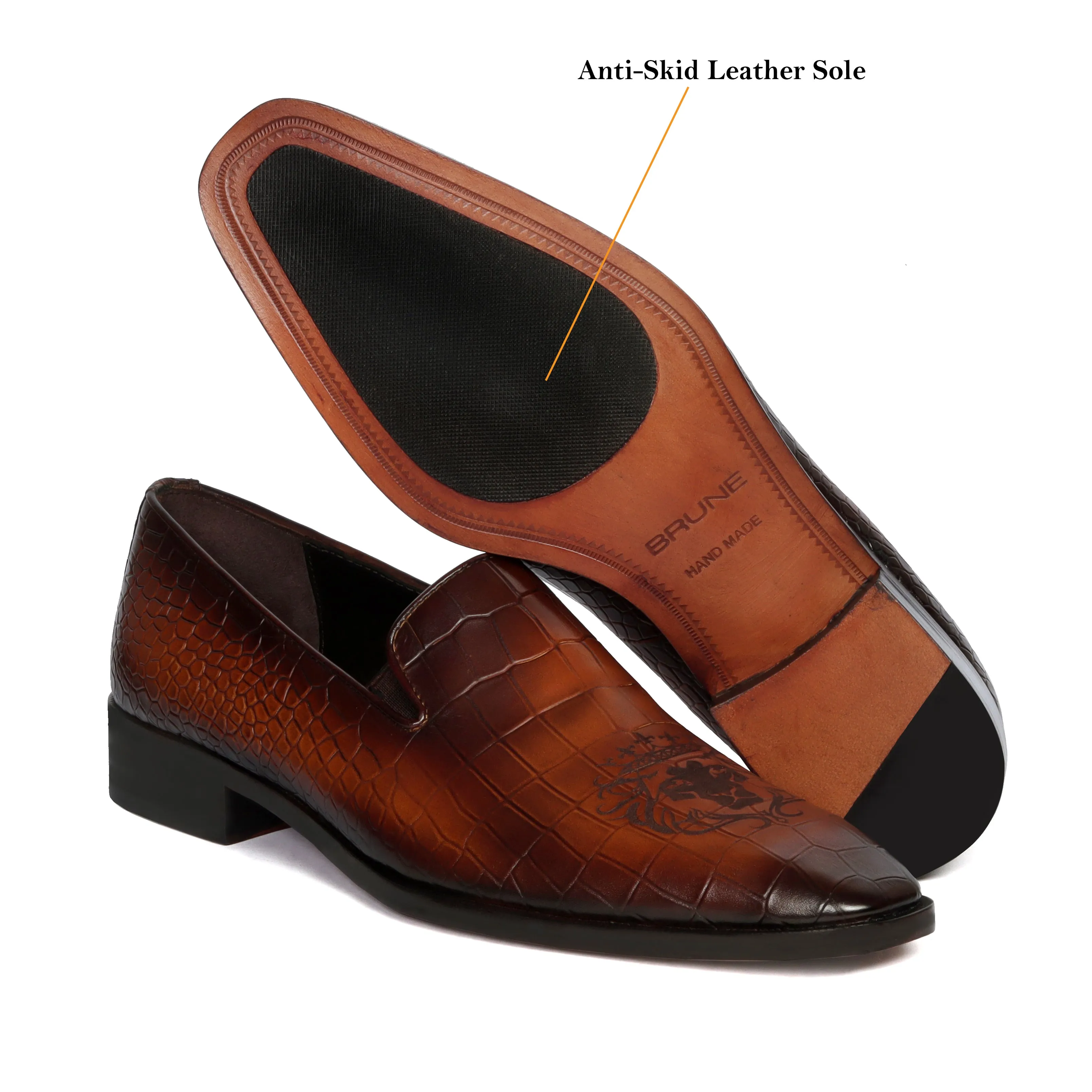Laser Engraved Burnished Tan Loafer in Deep Cut Croco Textured  Leather