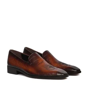 Laser Engraved Burnished Tan Loafer in Deep Cut Croco Textured  Leather
