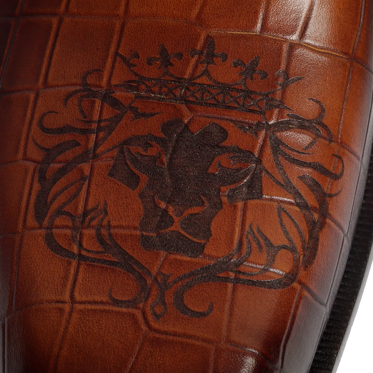 Laser Engraved Burnished Tan Loafer in Deep Cut Croco Textured  Leather