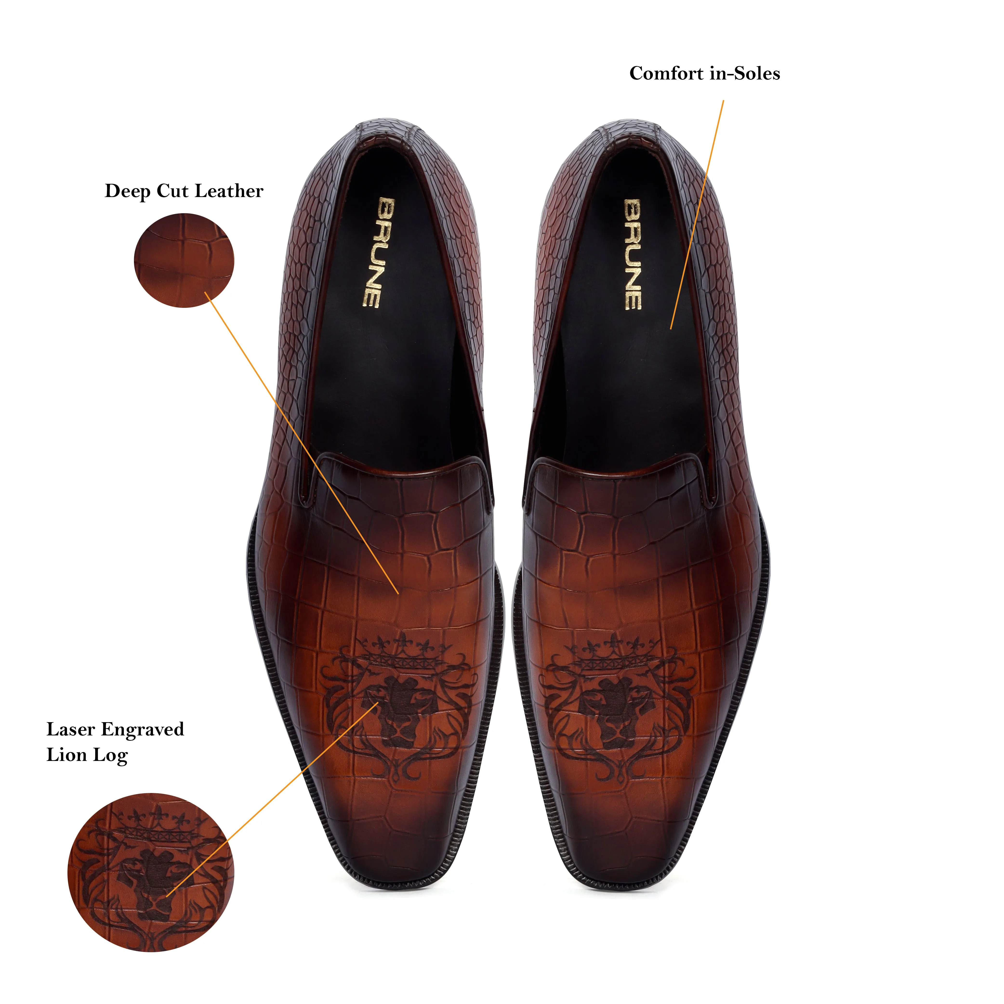 Laser Engraved Burnished Tan Loafer in Deep Cut Croco Textured  Leather