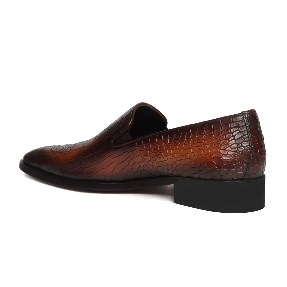 Laser Engraved Burnished Tan Loafer in Deep Cut Croco Textured  Leather