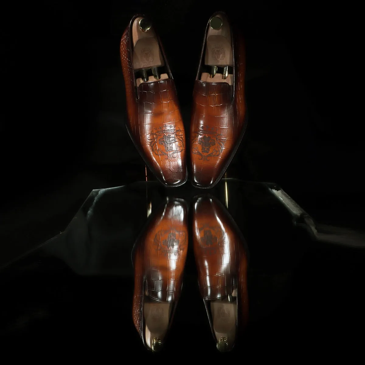 Laser Engraved Burnished Tan Loafer in Deep Cut Croco Textured  Leather