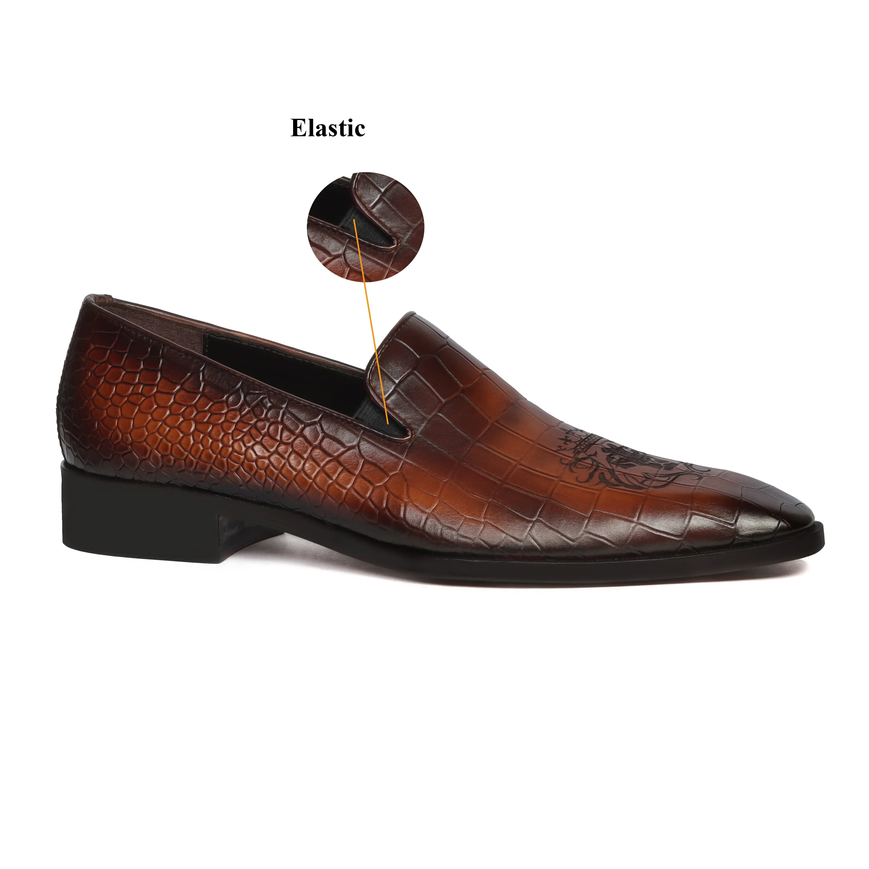 Laser Engraved Burnished Tan Loafer in Deep Cut Croco Textured  Leather